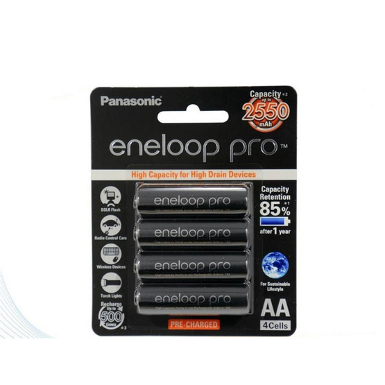 eneloop Pro 2550 mAh Rechargeable Battery AA x 4 - Black ถ่านชาร์จ 2550 มิลลิแอมป์ AAx4 ก้อน รุ่น BK-3HCCE/4BT eneloop Pro 2550 mAh Rechargeable Battery AA x 4 - Black ถ่านชาร์จ 2550 มิลลิแอมป์ AAx4 ก้อน รุ่น BK-3HCCE/4BT