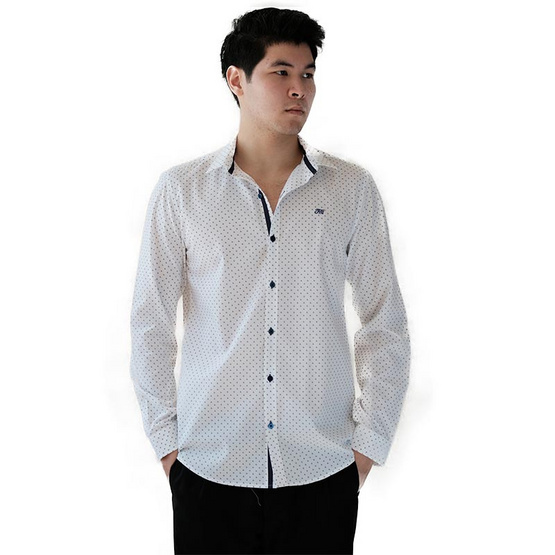 FQ&L เสื้อเชิ้ตผู้ชาย ( MMFLJ-116-S8) สีขาวลายพิมพ์สีกรม FQ&L เสื้อเชิ้ตผู้ชาย ( MMFLJ-116-S8) สีขาวลายพิมพ์สีกรม