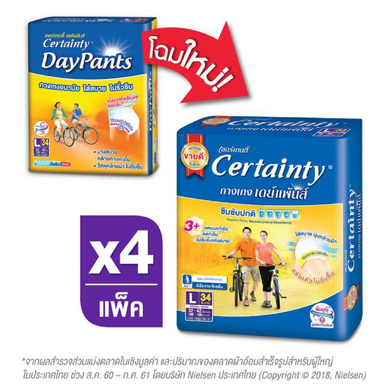 Certainty เดย์แพ้นส์ กางเกงอนามัย ไซส์ L 34 ชิ้น (ลัง 4แพ็ค-136ชิ้น) Certainty เดย์แพ้นส์ กางเกงอนามัย ไซส์ L 34 ชิ้น (ลัง 4แพ็ค-136ชิ้น)