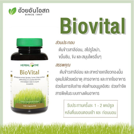 ไบโอไวทัล (สารสกัดจากใบข้าวสาลี,สไปรูไลน่า และสมุนไพรอื่นๆ) 60 แคปซูล ไบโอไวทัล (สารสกัดจากใบข้าวสาลี,สไปรูไลน่า และสมุนไพรอื่นๆ) 60 แคปซูล