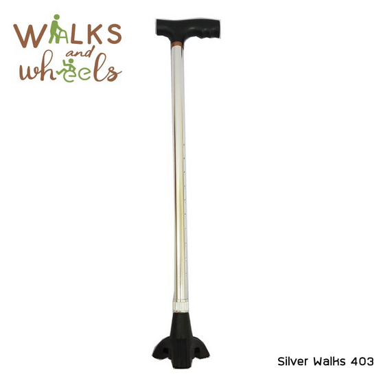 Walks and Wheels ไม้เท้าช่วยพยุง สีเงิน สามขา ปรับสูงต่ำได้ รุ่น Silver Walks รหัส403 Walks and Wheels ไม้เท้าช่วยพยุง สีเงิน สามขา ปรับสูงต่ำได้ รุ่น Silver Walks รหัส403