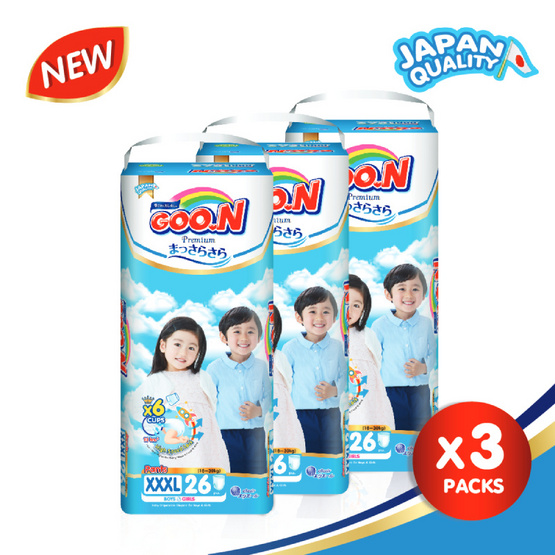 กูนน์ พรีเมี่ยมซุปเปอร์จัมโบ้ ผ้าอ้อมเด็กแบบกางเกง ไซส์ XXXL26 ชิ้น x 3 แพ็ค (ยกลัง) กูนน์ พรีเมี่ยมซุปเปอร์จัมโบ้ ผ้าอ้อมเด็กแบบกางเกง ไซส์ XXXL26 ชิ้น x 3 แพ็ค (ยกลัง)