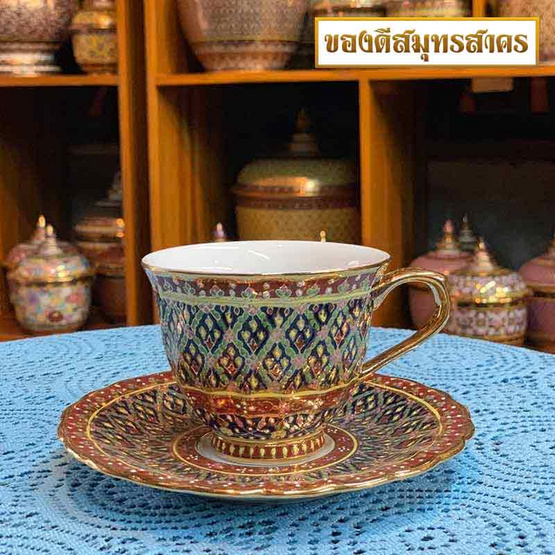 หนูเล็กเบญจรงค์ ชุดกาแฟ+จานรอง ลายพุ่มข้าวบิณฑ์พื้นดำลายแดง หนูเล็กเบญจรงค์ ชุดกาแฟ+จานรอง ลายพุ่มข้าวบิณฑ์พื้นดำลายแดง