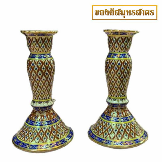 หนูเล็กเบญจรงค์ เชิงเทียนคู่ ลายพิกุลใบพัดสีแดง หนูเล็กเบญจรงค์ เชิงเทียนคู่ ลายพิกุลใบพัดสีแดง