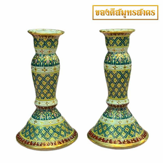 หนูเล็กเบญจรงค์ เชิงเทียนคู่ ลายมะลิลอยสีเขียว หนูเล็กเบญจรงค์ เชิงเทียนคู่ ลายมะลิลอยสีเขียว
