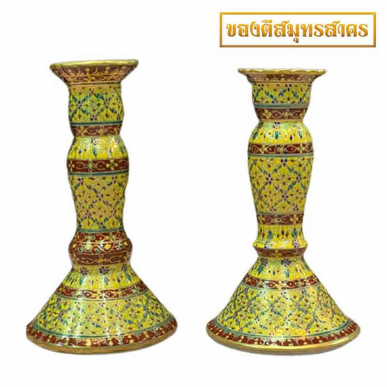 หนูเล็กเบญจรงค์ เชิงเทียนคู่ ลายพุ่มข้าวบิณฑ์สีเขียวตอง หนูเล็กเบญจรงค์ เชิงเทียนคู่ ลายพุ่มข้าวบิณฑ์สีเขียวตอง