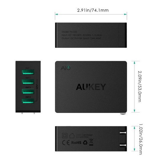Aukey หัวชาร์จ 40W 4Port รุ่น U36 Aukey หัวชาร์จ 40W 4Port รุ่น U36