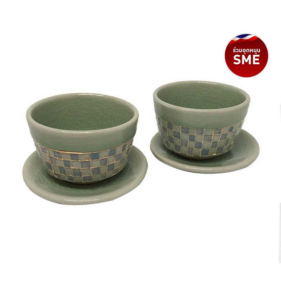 ChiangMai Celadon ชุดแก้วน้ำชาศิลาดลโมเสค พร้อมจานรองแบบคู่ ChiangMai Celadon ชุดแก้วน้ำชาศิลาดลโมเสค พร้อมจานรองแบบคู่