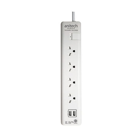 Anitech ปลั๊กไฟ มอก. 4ช่อง 2USB 1สวิตช์ สายยาว 3ม. รุ่น H5134 Anitech ปลั๊กไฟ มอก. 4ช่อง 2USB 1สวิตช์ สายยาว 3ม. รุ่น H5134