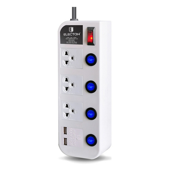 ELECTON สายพ่วง ปลั๊กไฟ มอก. 3 เต้า 5 สวิตช์ 2USB 10A รุ่น EP-GS4603U2DC ELECTON สายพ่วง ปลั๊กไฟ มอก. 3 เต้า 5 สวิตช์ 2USB 10A รุ่น EP-GS4603U2DC