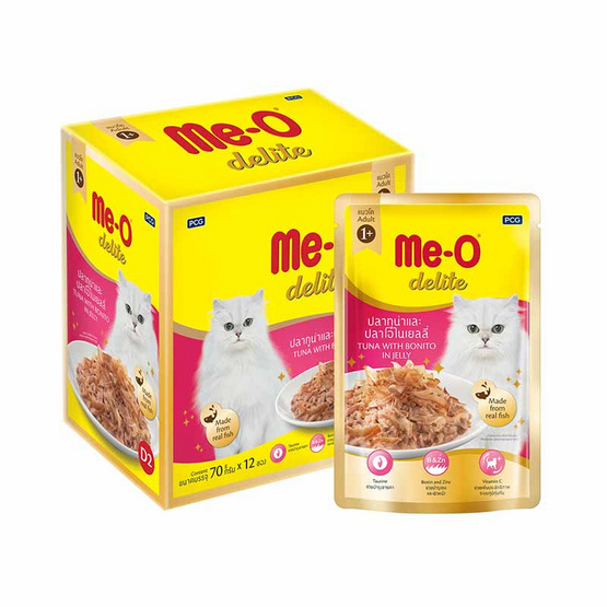 อาหารแมวเปียก มีโอ ดีไลท์ รสทูน่าและปลาโอในเยลลี่ (1แพ็ก12 ชิ้น) อาหารแมวเปียก มีโอ ดีไลท์ รสทูน่าและปลาโอในเยลลี่ (1แพ็ก12 ชิ้น)
