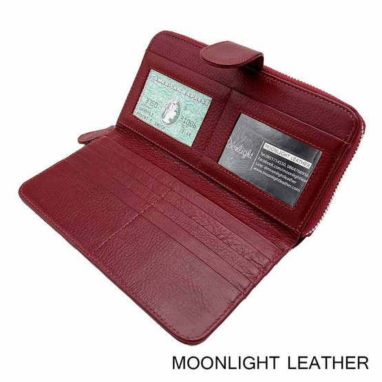MOONLIGHT กระเป๋าสตางค์ผู้หญิง ใบยาว สีแดงเข้ม หนังวัวแท้ ทนทาน โดนน้ำได้ ไม่ลอกร่อน MOONLIGHT กระเป๋าสตางค์ผู้หญิง ใบยาว สีแดงเข้ม หนังวัวแท้ ทนทาน โดนน้ำได้ ไม่ลอกร่อน