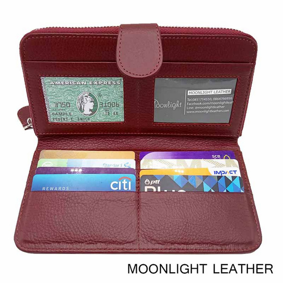 MOONLIGHT กระเป๋าสตางค์ผู้หญิง ใบยาว สีแดงเข้ม หนังวัวแท้ ทนทาน โดนน้ำได้ ไม่ลอกร่อน MOONLIGHT กระเป๋าสตางค์ผู้หญิง ใบยาว สีแดงเข้ม หนังวัวแท้ ทนทาน โดนน้ำได้ ไม่ลอกร่อน