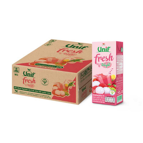 ยูนิฟเฟรช ดีไลท์ น้ำลิ้นจี่ผสมผักผลไม้รวม 40% 180 มล. (ยกลัง 36 กล่อง) ยูนิฟเฟรช ดีไลท์ น้ำลิ้นจี่ผสมผักผลไม้รวม 40% 180 มล. (ยกลัง 36 กล่อง)