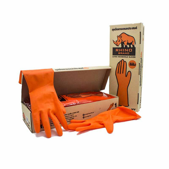 Rhino ถุงมือยาง สีส้ม Size L (1 กล่อง 12คู่) Rhino ถุงมือยาง สีส้ม Size L (1 กล่อง 12คู่)
