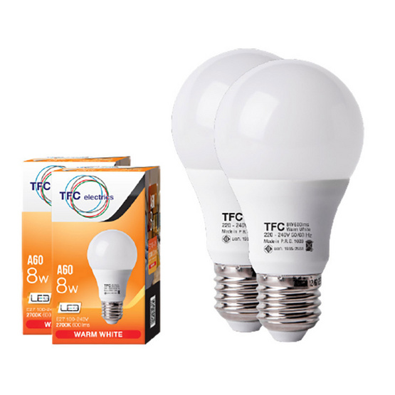 TFC หลอด LED A60 ECO 8 วัตต์ ขั้ว E27 แสงวอร์มไวท์ / 2ชิ้น TFC หลอด LED A60 ECO 8 วัตต์ ขั้ว E27 แสงวอร์มไวท์ / 2ชิ้น