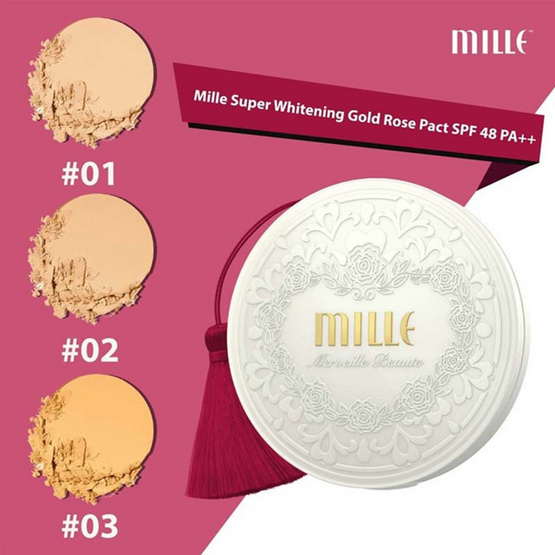 MILLE แป้งผสมรองพื้น Super Whitening Gold Rose Pact SPF48 PA+++ 11 กรัม #02 Natural MILLE แป้งผสมรองพื้น Super Whitening Gold Rose Pact SPF48 PA+++ 11 กรัม #02 Natural