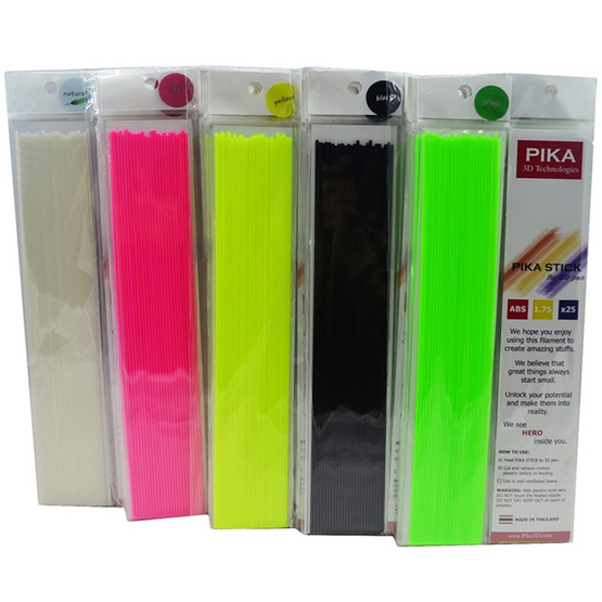 PIKA เส้นพลาสติก ABS คุณภาพสูงขนาด 1.75 mm สำหรับปากกา 3 มิติ แพ็ค 50 ซอง (สีธรรมชาติ, สีเหลือง, สีเขียว, สีชมพู, สีดำ สีละ 10 ซอง) PIKA เส้นพลาสติก ABS คุณภาพสูงขนาด 1.75 mm สำหรับปากกา 3 มิติ แพ็ค 50 ซอง (สีธรรมชาติ, สีเหลือง, สีเขียว, สีชมพู, สีดำ สีละ 10 ซอง)
